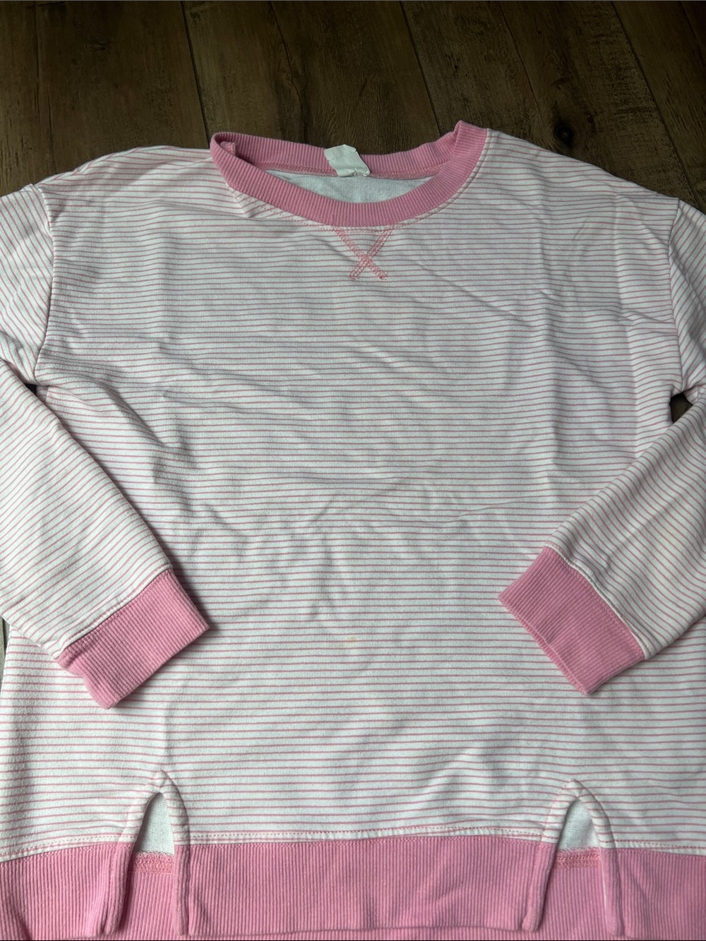 Girls' Pink Stripe Crew Sweatshirt with Contrast Rib Trim
